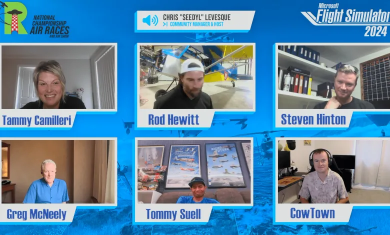 A blue National Championship Air Races graphic with portraits of five pilots and CowTown beneath a banner naming host Chris Levesque.