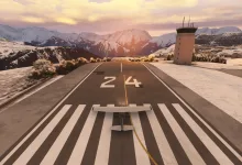 A small propeller aircraft lines up on Courchevel's snowy runway beneath a warm sunset sky.