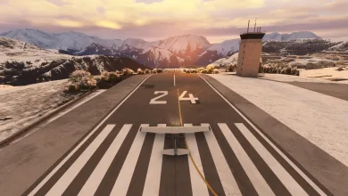 A small propeller aircraft lines up on Courchevel's snowy runway beneath a warm sunset sky.