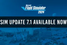 Blue Microsoft Flight Simulator 2024 banner announcing Sim Update 7.1, with flight scenes along the bottom.