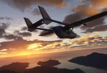 A small aircraft flies over a coastal landscape at sunset in Microsoft Flight Simulator 2024.