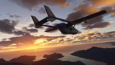 A small aircraft flies over a coastal landscape at sunset in Microsoft Flight Simulator 2024.