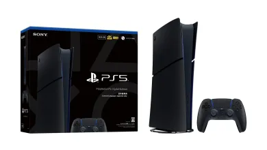 Black PlayStation 5 Digital Edition console and controller beside its Japan-only product box.