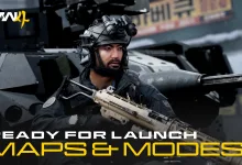A Modern Warfare 4 operator holding a rifle stands beside an armored vehicle, with the launch maps and modes announcement title across the bottom.