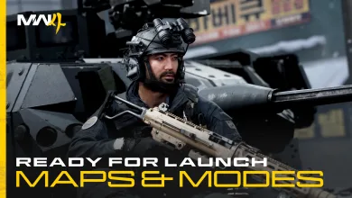 A Modern Warfare 4 operator holding a rifle stands beside an armored vehicle, with the launch maps and modes announcement title across the bottom.