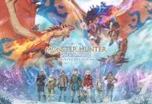 Monster Hunter Stories 3 characters stand beneath two battling monsters in a snowy landscape.