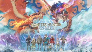 Monster Hunter Stories 3 characters stand beneath two battling monsters in a snowy landscape.