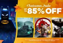 WB Games Autumn Sale artwork shows Batman on the left and panels for Hogwarts Legacy, Mortal Kombat 1, and other games, with an up-to-85%-off message.