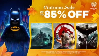 WB Games Autumn Sale artwork shows Batman on the left and panels for Hogwarts Legacy, Mortal Kombat 1, and other games, with an up-to-85%-off message.