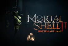 A bound, green-skinned figure hangs in a dark candlelit scene beside the Mortal Shell II: Rotten Autumn title logo.