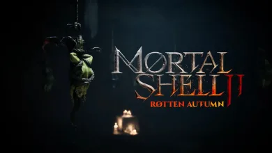 A bound, green-skinned figure hangs in a dark candlelit scene beside the Mortal Shell II: Rotten Autumn title logo.