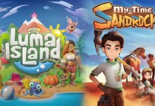 My Time at Sandrock and Luma Island characters and logos appear side by side in colorful game artwork.