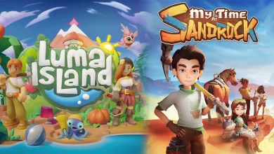 My Time at Sandrock and Luma Island characters and logos appear side by side in colorful game artwork.