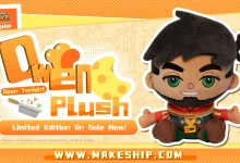 Seated Owen plush shown in a My Time at Sandrock and Makeship campaign graphic.