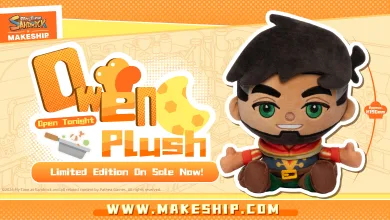 Seated Owen plush shown in a My Time at Sandrock and Makeship campaign graphic.