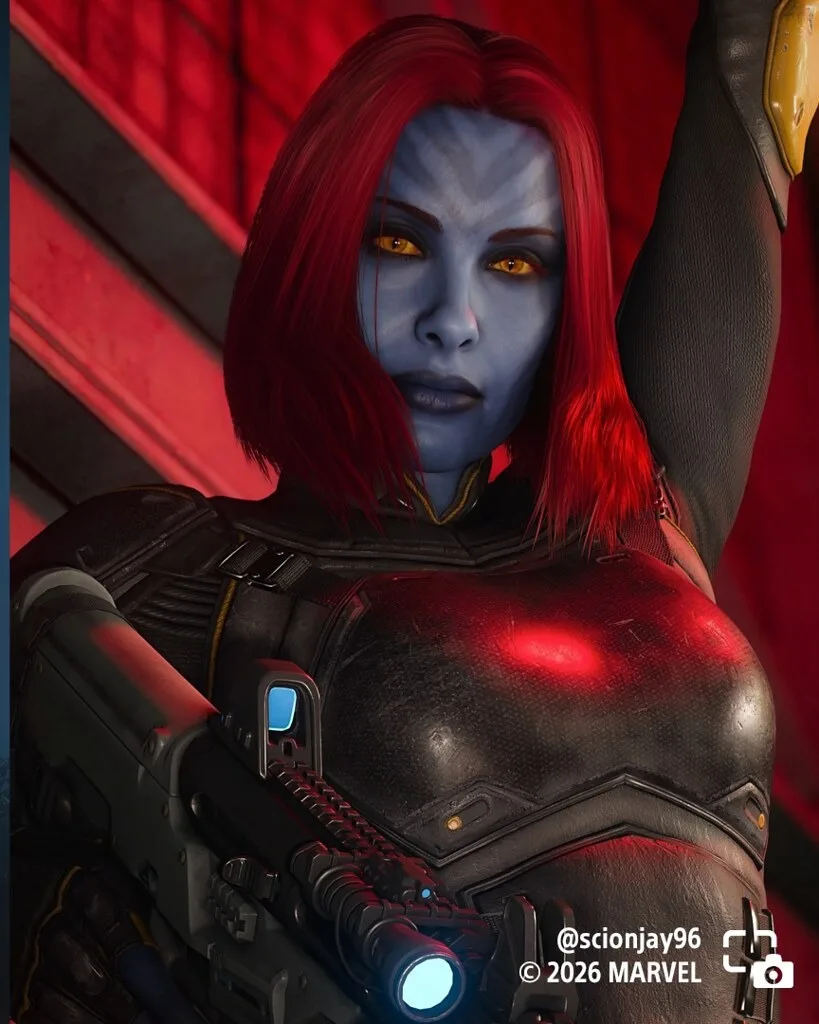 Mystique holds a rifle in a red-lit close-up.