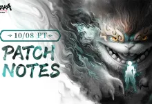 A grinning, white-furred creature looms over a small glowing figure beside the October 8 patch-notes date.