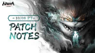 A grinning, white-furred creature looms over a small glowing figure beside the October 8 patch-notes date.