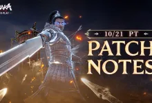 An armored NARAKA: BLADEPOINT warrior extends a large blade beside the October 21 PT patch-notes date.