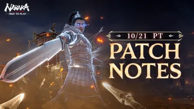An armored NARAKA: BLADEPOINT warrior extends a large blade beside the October 21 PT patch-notes date.