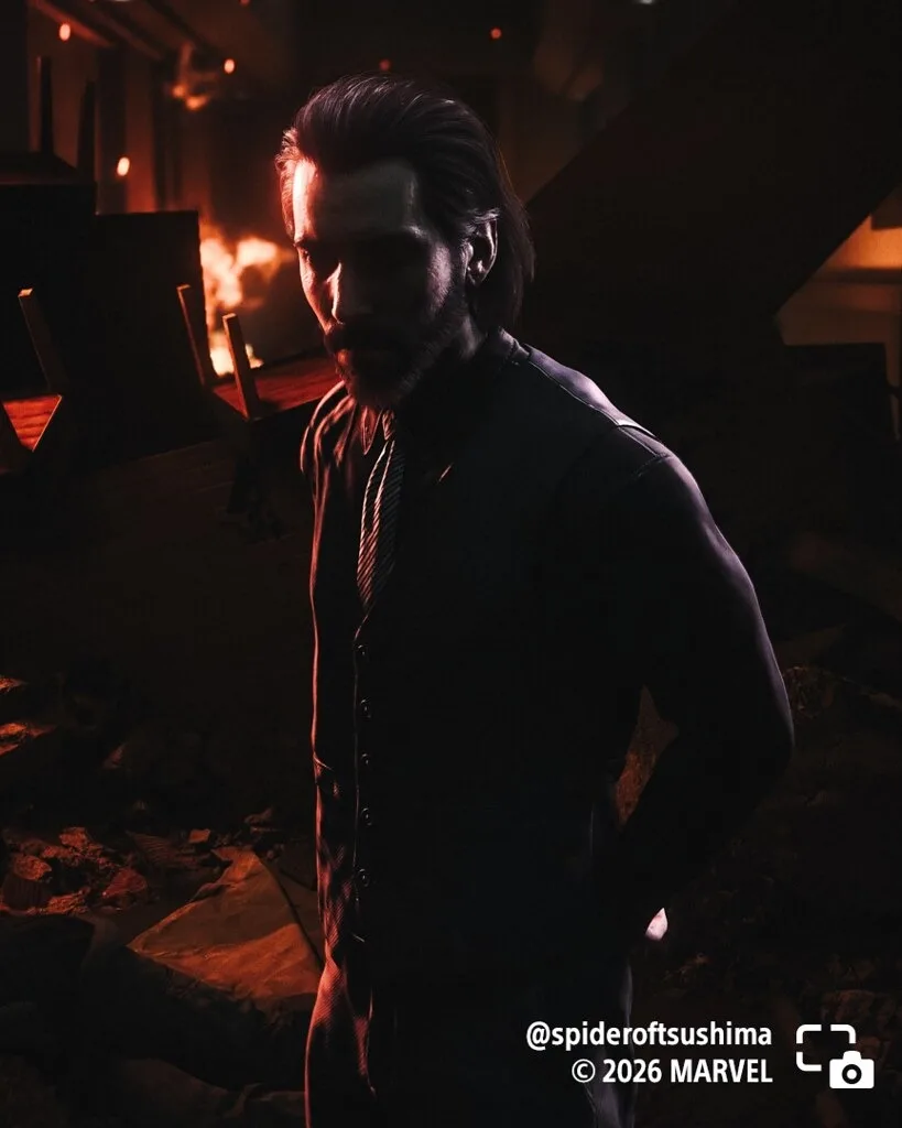 Nathaniel Essex stands in a dark room lit by fire.