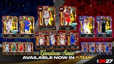 NBA 2K27 MyTEAM Greatness Series cards featuring Shai Gilgeous-Alexander, Anthony Davis, Jalen Williams, Paolo Banchero, Joel Embiid and Stephon Castle.