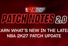 NBA 2K27 v2.0 patch-notes graphic on a red background with the game logo.