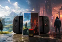 A Switch 2-style handheld console stands behind a game case and physical cartridge, with fantasy and futuristic city scenes in the background.