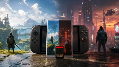 A Switch 2-style handheld console stands behind a game case and physical cartridge, with fantasy and futuristic city scenes in the background.