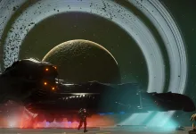 A large dark starship hovers beneath the rings of a planet in No Man's Sky.