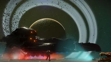 A large dark starship hovers beneath the rings of a planet in No Man's Sky.