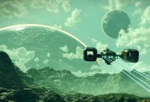 A spacecraft flies above a rocky green planet beneath a large moon in No Man's Sky.