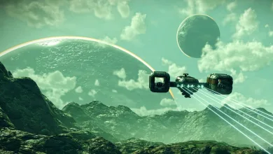A spacecraft flies above a rocky green planet beneath a large moon in No Man's Sky.