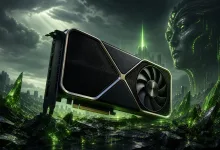 A black graphics card floats above a green-lit futuristic landscape, representing the rumored 24GB NVIDIA GeForce RTX 5080.