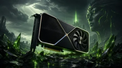 A black graphics card floats above a green-lit futuristic landscape, representing the rumored 24GB NVIDIA GeForce RTX 5080.