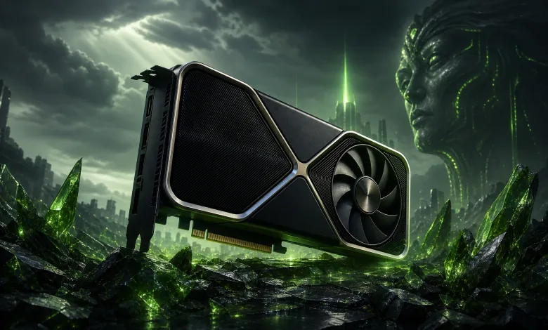 A black graphics card floats above a green-lit futuristic landscape, representing the rumored 24GB NVIDIA GeForce RTX 5080.