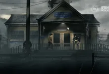 A rainy ferry office with two figures standing outside and the Official PlayStation Podcast logo in the upper-right corner.