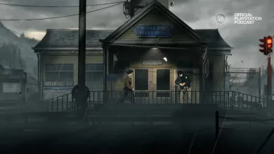 A rainy ferry office with two figures standing outside and the Official PlayStation Podcast logo in the upper-right corner.