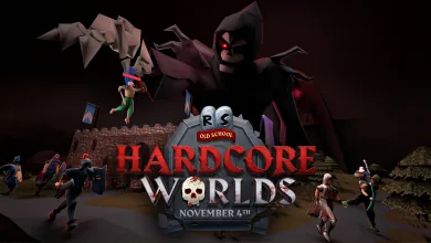 A hooded reaper looms over Old School RuneScape characters beneath the words “Hardcore Worlds” and “November 4.”