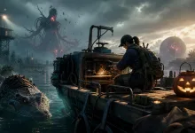 A survivor repairs a boat beside a crocodile in the water, with a glowing pumpkin lantern on deck.