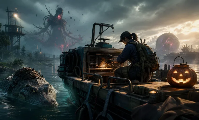 A survivor repairs a boat beside a crocodile in the water, with a glowing pumpkin lantern on deck.