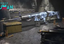 A blue-patterned rifle rests on equipment cases beside ammunition in Once Human artwork.