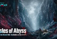 A small boat crosses rough water between towering, flooded cliffs in Once Human Isles of Abyss launch artwork; the announcement states an October 21 (PT) release.