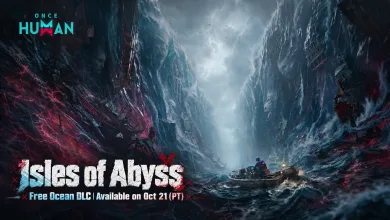 A small boat crosses rough water between towering, flooded cliffs in Once Human Isles of Abyss launch artwork; the announcement states an October 21 (PT) release.