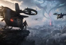 Futuristic rotorcraft fly over a ruined mountain valley while a survivor stands beside a grounded vehicle.