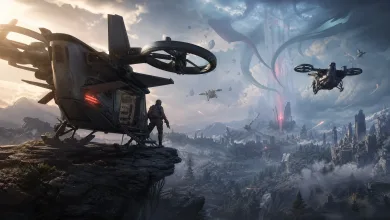 Futuristic rotorcraft fly over a ruined mountain valley while a survivor stands beside a grounded vehicle.