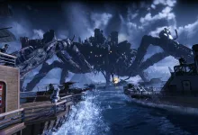 A colossal tentacled creature rises from the ocean between ships in Once Human’s Isles of Abyss.
