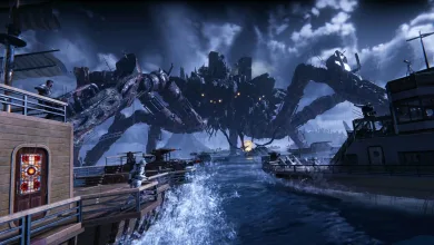 A colossal tentacled creature rises from the ocean between ships in Once Human’s Isles of Abyss.
