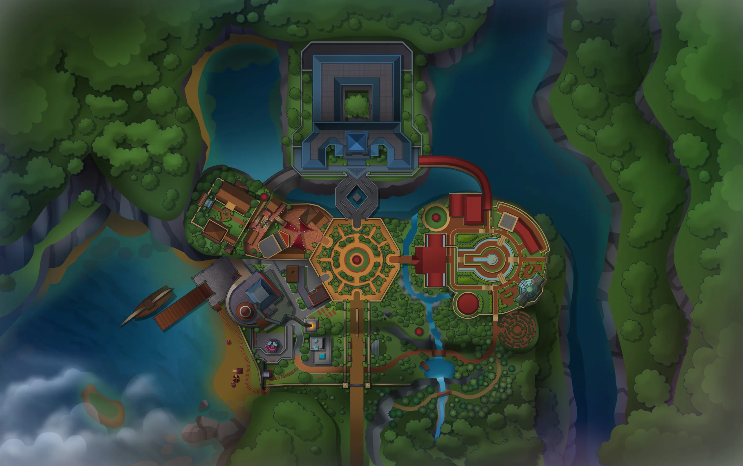 Overhead view of the Escape Academy campus and its connected areas.