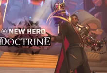 Overwatch character Doctrine, wearing red glasses and a dark outfit, raises one arm in a reveal image.